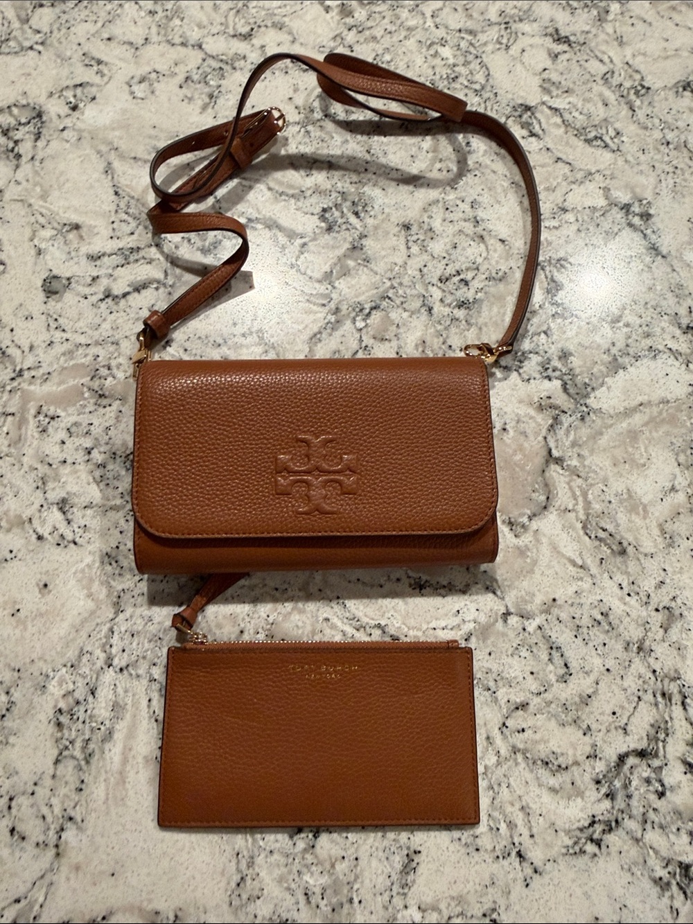 Tory Burch Tan Pebbled Leather Crossbody Wallet with Card Pouch